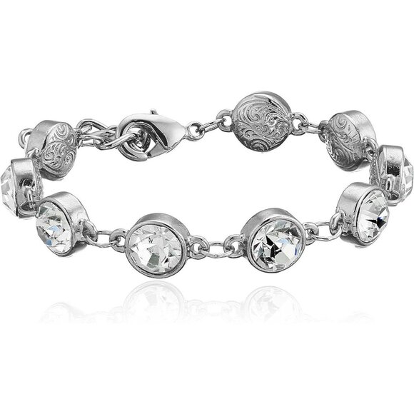 1928 Jewelry Silver Plated Round Cut Clear Crystal Tennis Bracelet Adj. NWT - Picture 1 of 1